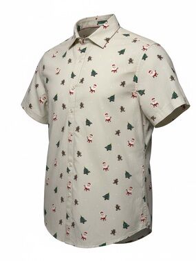 Denim & Flower Cream Short-Sleeve Button-Down with Holiday Santa Print